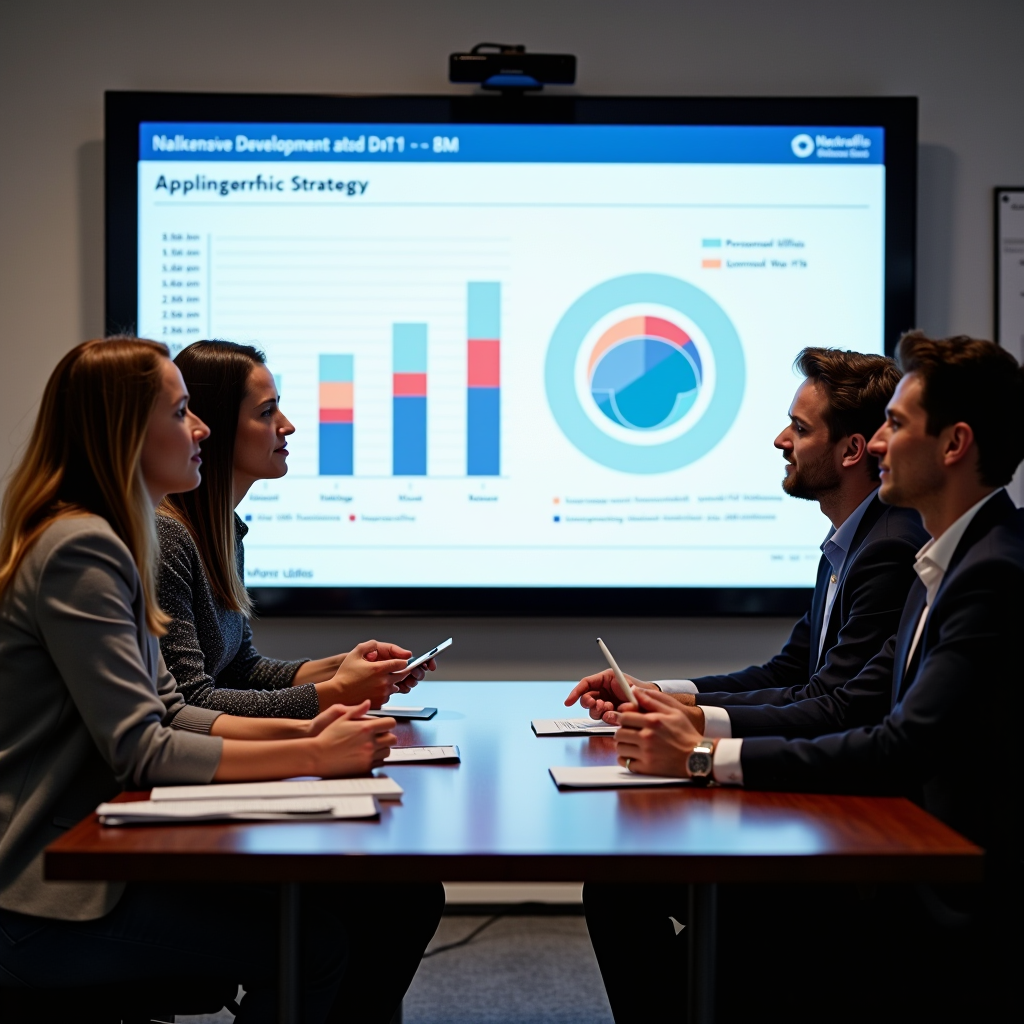 Nonprofit development team gathered around a conference table reviewing donor engagement strategies, with charts and donor profiles displayed on a large screen showing personalized communication plans and relationship timelines