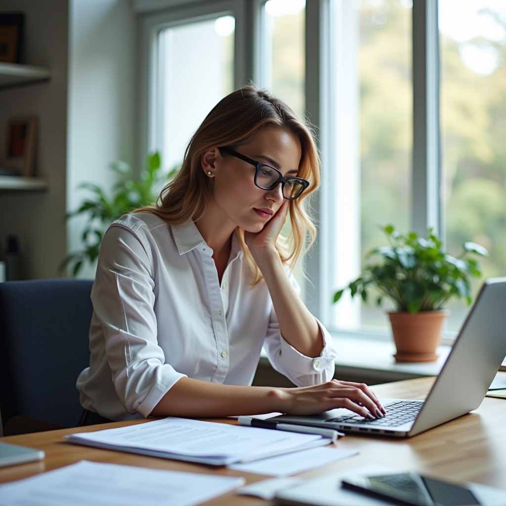 Professional foundation program officer sitting at a modern desk reviewing grant proposals with focused attention, surrounded by organized documents and a laptop, in a bright office setting with natural light
