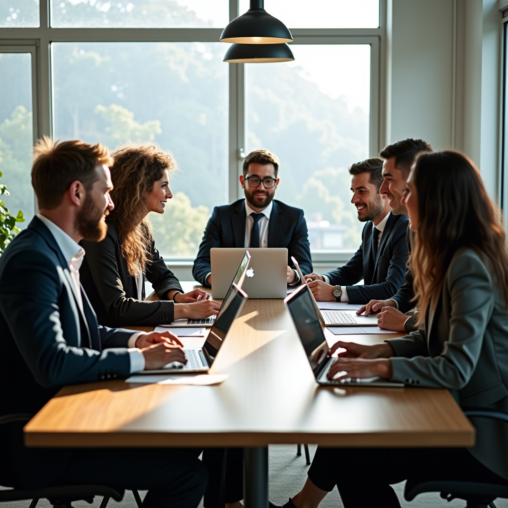 Diverse group of nonprofit leaders and corporate executives sitting around a modern conference table, engaged in collaborative discussion with laptops and documents, natural lighting from large windows, professional business setting showing partnership and cooperation