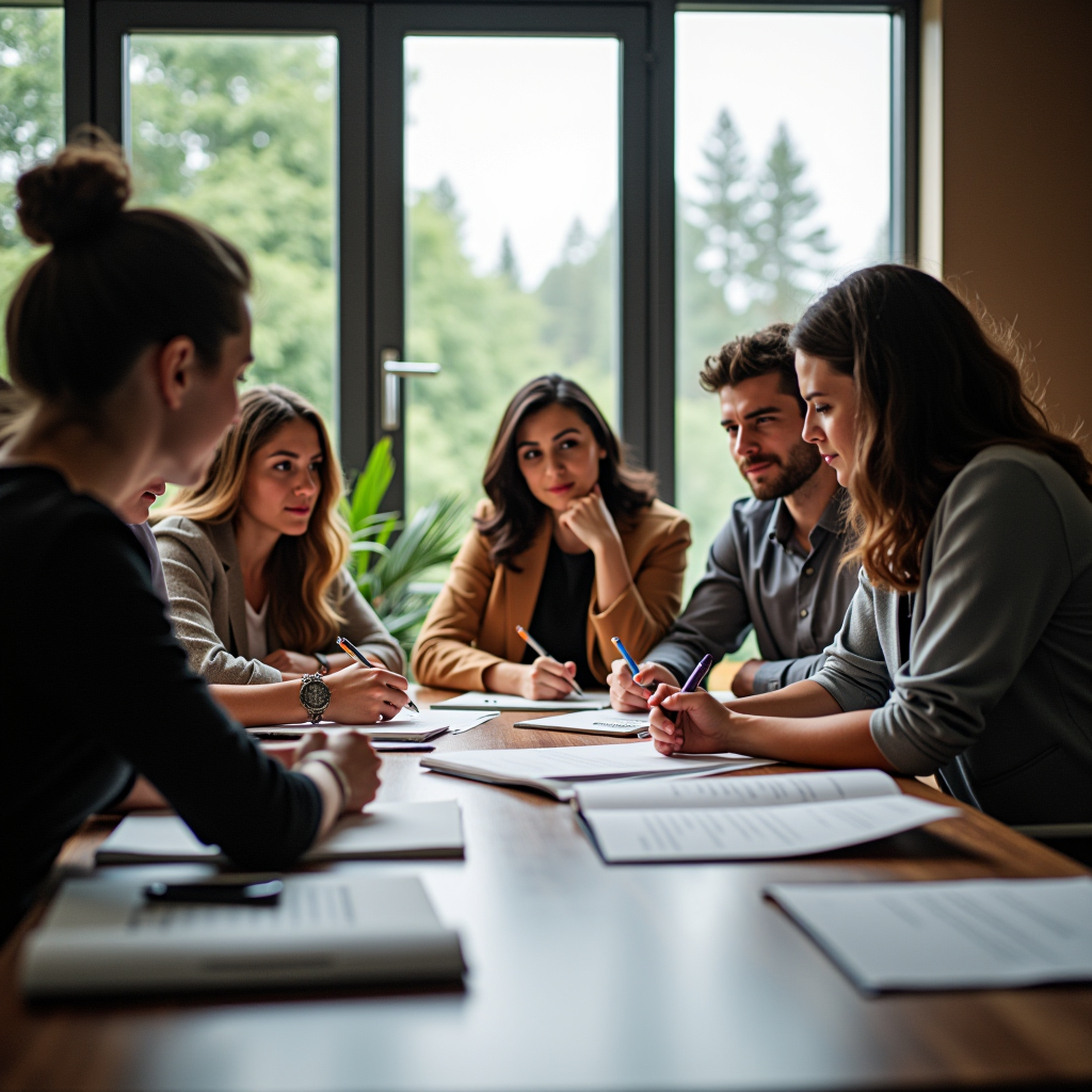 Professional grant writing team collaborating on nonprofit proposal development, reviewing documents and discussing strategy around a conference table