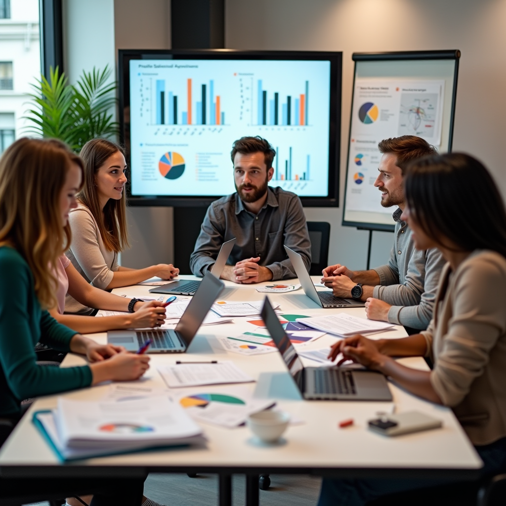 Nonprofit team gathered around a conference table with charts, graphs, and campaign materials spread out, engaged in strategic planning discussion with laptops and whiteboards visible in a modern office setting