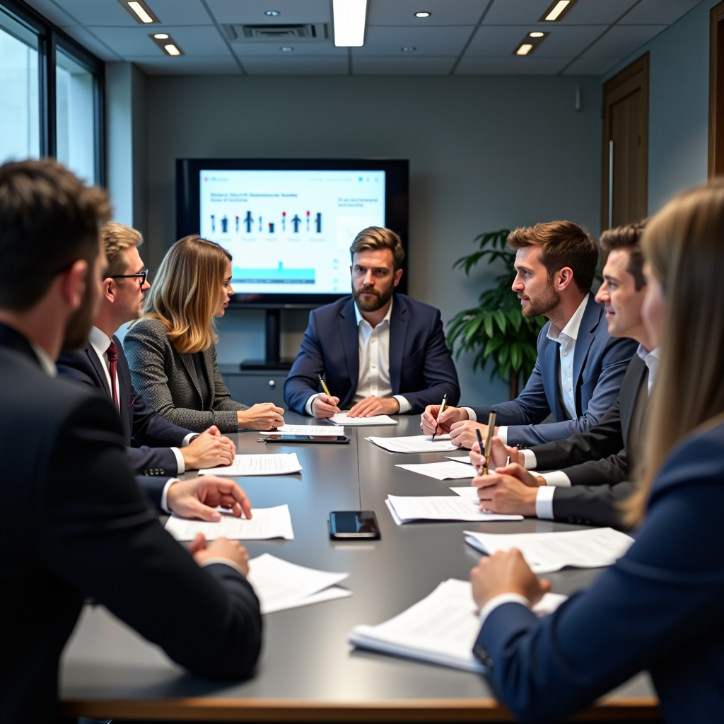 Professional business meeting showing nonprofit leaders and corporate executives discussing partnership opportunities around a conference table with strategic planning documents and digital presentations visible