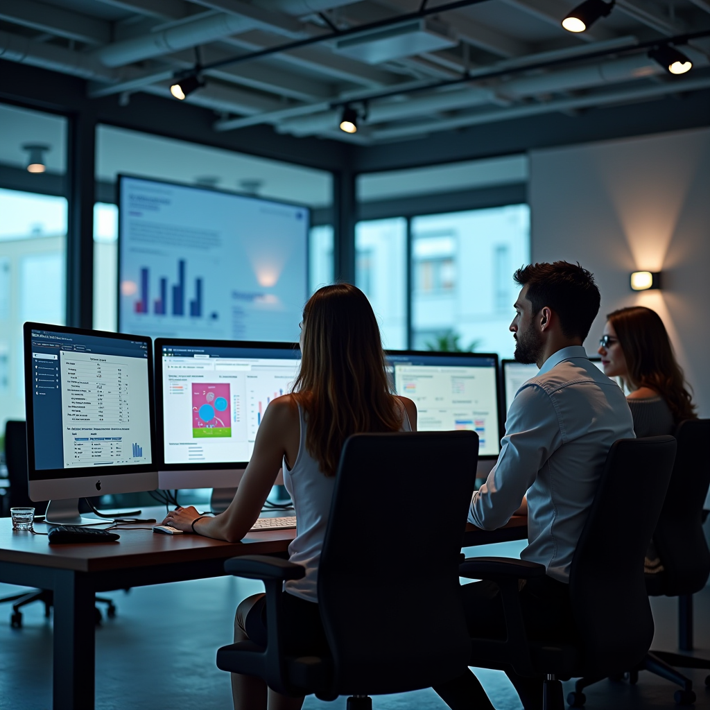 Professional research team working at computers analyzing foundation databases, grant patterns, and funding trends with charts and reports displayed on multiple screens in a modern office setting