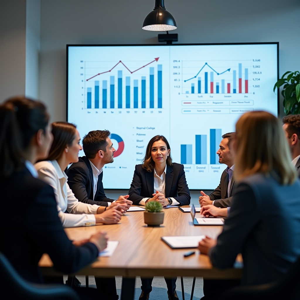 Diverse group of foundation executives and philanthropists analyzing data charts and graphs showing impact investing trends, donor-advised funds growth statistics, and trust-based philanthropy metrics in a modern conference room setting