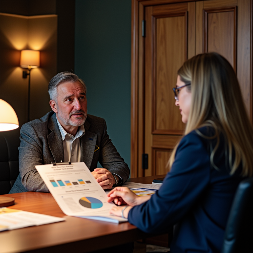 Nonprofit development director having a warm, personal meeting with major donors in an elegant office, reviewing transparent impact reports and stewardship materials showing doubled fundraising results through relationship-focused approaches