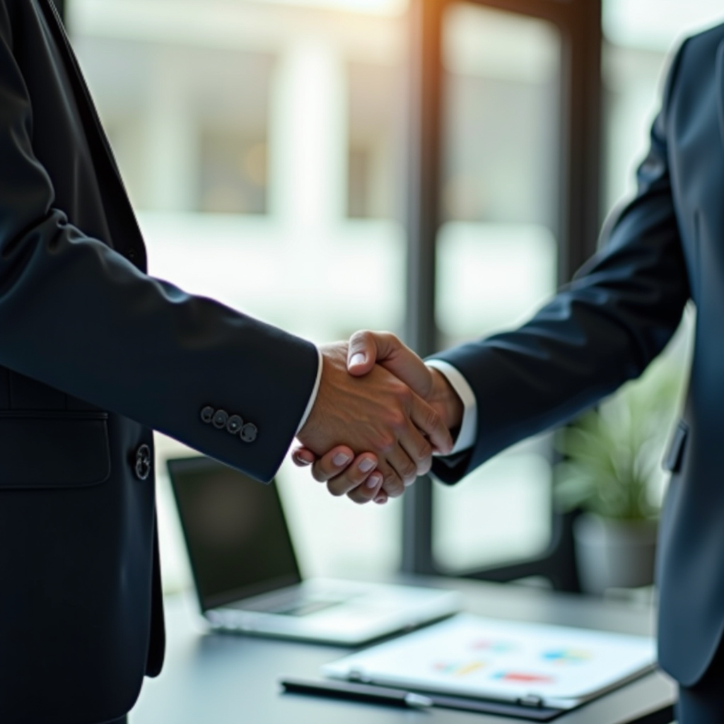 Business professionals shaking hands in modern office setting, with corporate logos and partnership agreement documents visible, symbolizing successful nonprofit-corporate collaboration